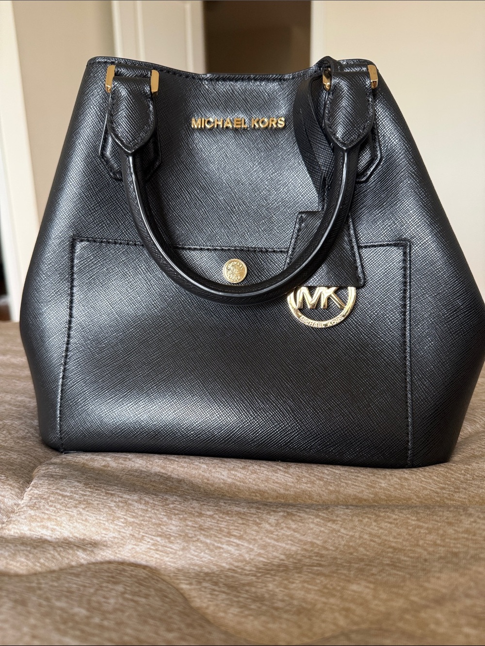 Michael Kors Black Saffiano Satchel with Gold Hardware
